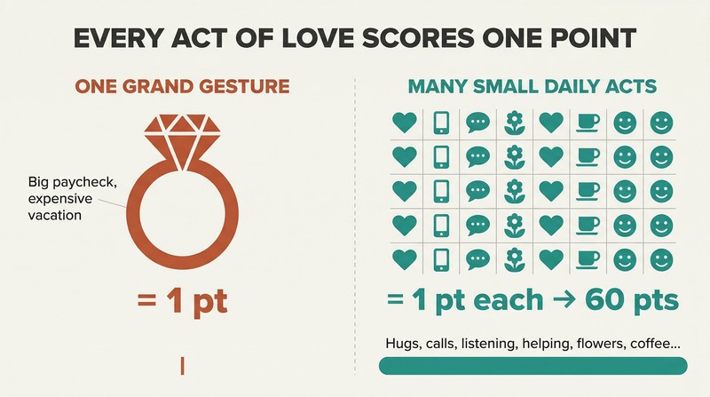 Split comparison showing one grand gesture scoring a single point on the left versus many small daily acts each scoring one point totaling far more on the right.