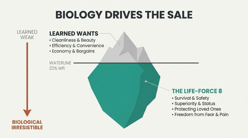 Iceberg diagram contrasting weak surface-level learned wants with the massive, irresistible biological drives of the Life-Force 8 underneath.