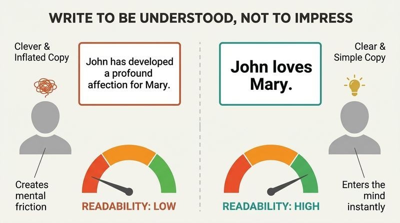 A split-panel diagram comparing bloated, complex advertising copy with short, simple copy, showing how simpler language vastly increases reader comprehension.