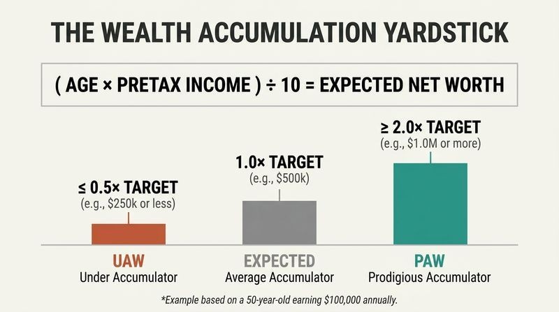 Bar comparison diagram demonstrating how expected net worth is calculated, with three vertical bars showing Under Accumulators (UAW), Expected Target, and Prodigious Accumulators (PAW).