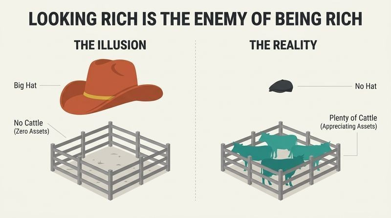 Split panel diagram contrasting a massive cowboy hat over an empty pasture with a tiny cap over a pasture full of cattle.