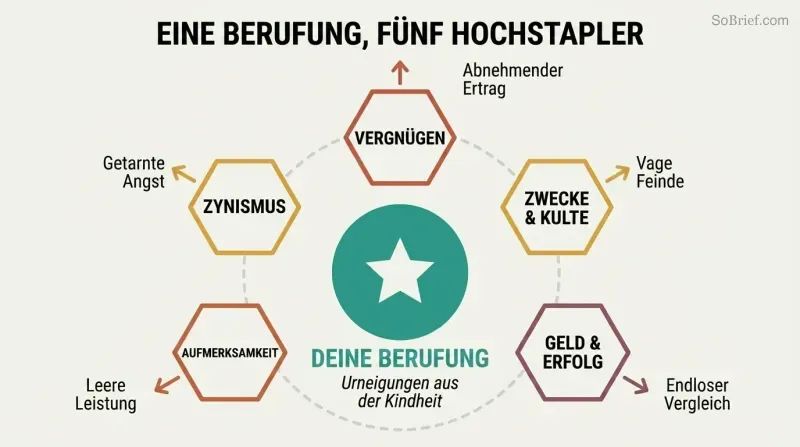 Central compass-like circle representing a true calling surrounded by five labeled shapes representing false purposes that mimic meaning but pull outward.