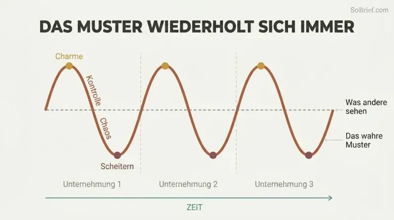 Three identical rise-and-fall arcs across a timeline reveal a repeating behavioral cycle of charm, control, chaos, and failure.