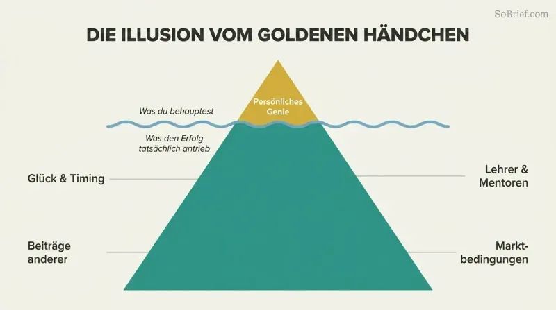 Small golden iceberg tip labeled Personal Genius dwarfed by the vast hidden mass of luck, timing, others' contributions, mentors, and market conditions below the waterline.