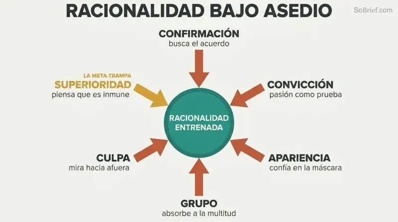 Six named cognitive biases arranged as inward-pointing arrows converging from all directions on a central shield representing trained rationality.