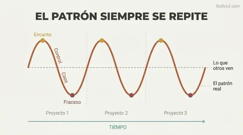 Three identical rise-and-fall arcs across a timeline reveal a repeating behavioral cycle of charm, control, chaos, and failure.