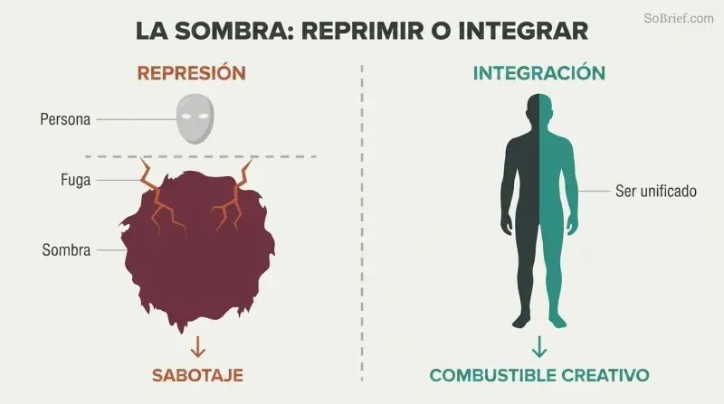 Split comparison of repressed shadow leaking through cracks beneath a polished persona versus a unified two-toned figure representing conscious integration.