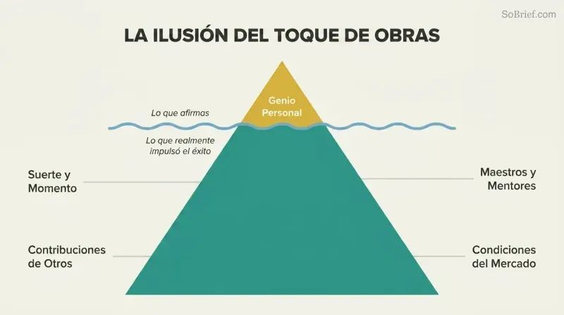 Small golden iceberg tip labeled Personal Genius dwarfed by the vast hidden mass of luck, timing, others' contributions, mentors, and market conditions below the waterline.