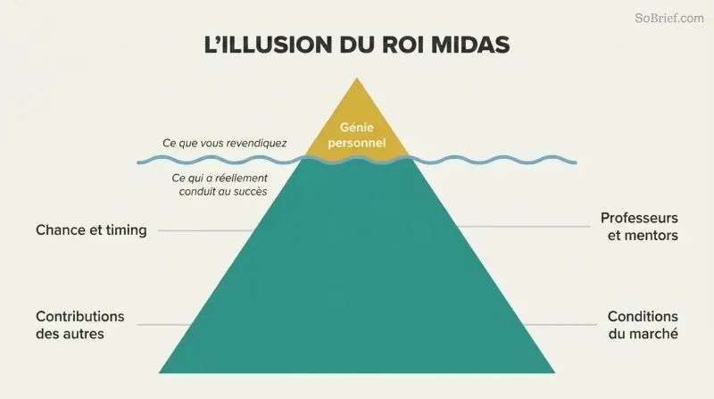Small golden iceberg tip labeled Personal Genius dwarfed by the vast hidden mass of luck, timing, others' contributions, mentors, and market conditions below the waterline.