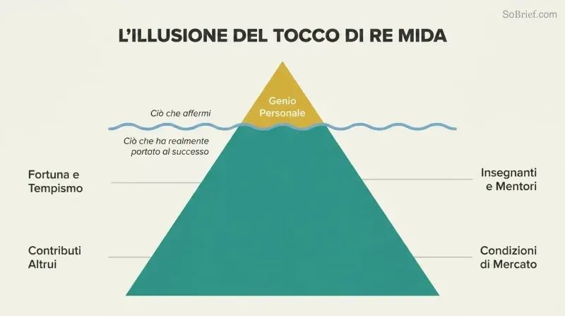 Small golden iceberg tip labeled Personal Genius dwarfed by the vast hidden mass of luck, timing, others' contributions, mentors, and market conditions below the waterline.