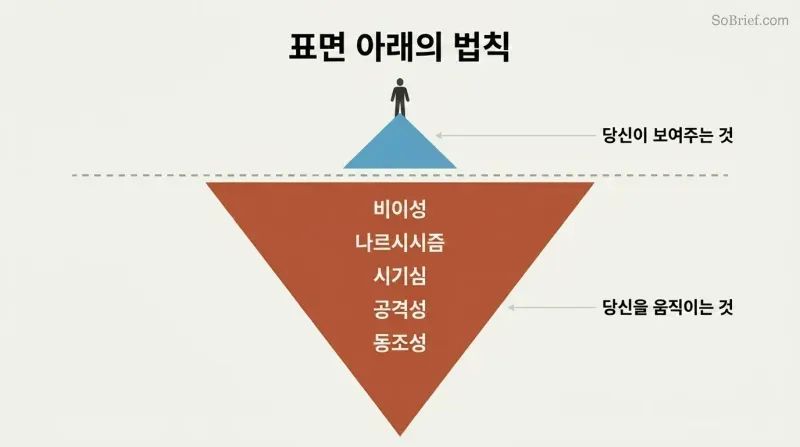 Iceberg with a small calm tip above a waterline and a massive body below labeled with five primitive forces that secretly govern human behavior.