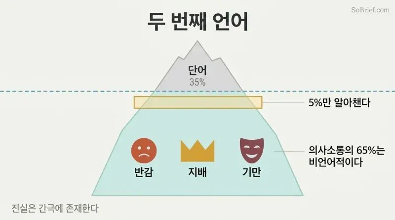 Iceberg diagram showing words above a waterline and a vast nonverbal zone below, with only a thin band representing the five percent most people perceive.