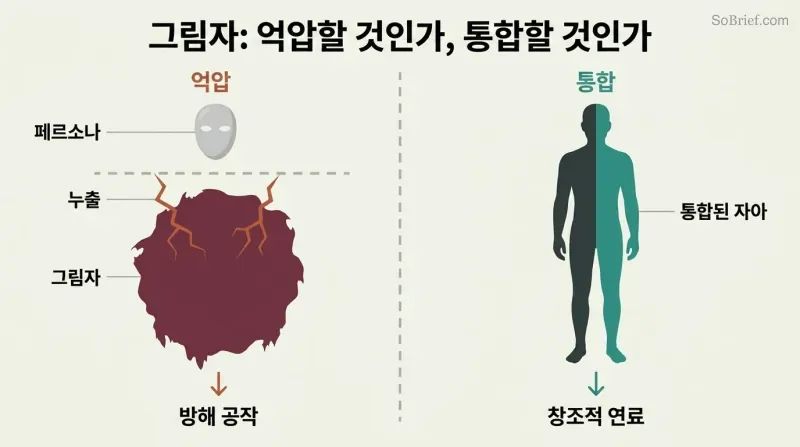 Split comparison of repressed shadow leaking through cracks beneath a polished persona versus a unified two-toned figure representing conscious integration.