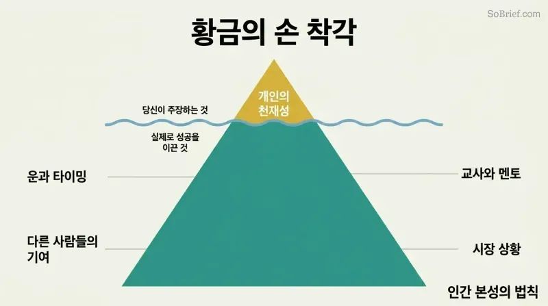 Small golden iceberg tip labeled Personal Genius dwarfed by the vast hidden mass of luck, timing, others' contributions, mentors, and market conditions below the waterline.