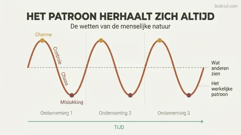 Three identical rise-and-fall arcs across a timeline reveal a repeating behavioral cycle of charm, control, chaos, and failure.