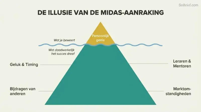 Small golden iceberg tip labeled Personal Genius dwarfed by the vast hidden mass of luck, timing, others' contributions, mentors, and market conditions below the waterline.