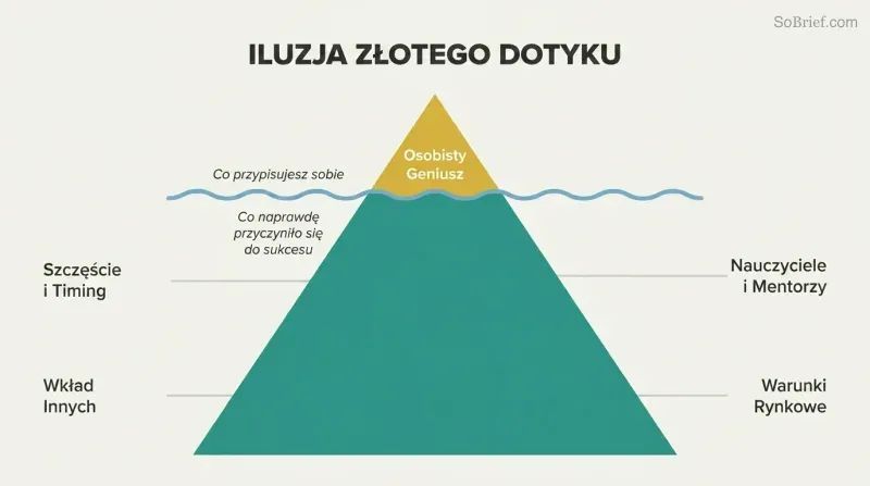 Small golden iceberg tip labeled Personal Genius dwarfed by the vast hidden mass of luck, timing, others' contributions, mentors, and market conditions below the waterline.