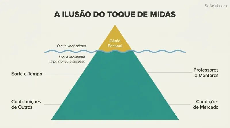 Small golden iceberg tip labeled Personal Genius dwarfed by the vast hidden mass of luck, timing, others' contributions, mentors, and market conditions below the waterline.