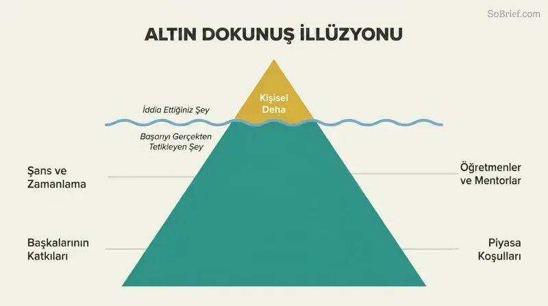 Small golden iceberg tip labeled Personal Genius dwarfed by the vast hidden mass of luck, timing, others' contributions, mentors, and market conditions below the waterline.