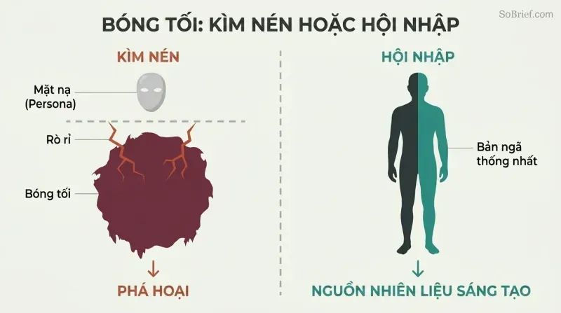 Split comparison of repressed shadow leaking through cracks beneath a polished persona versus a unified two-toned figure representing conscious integration.