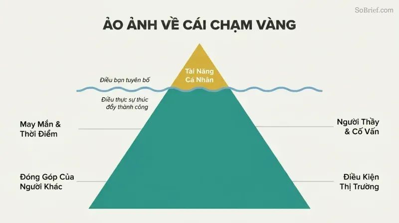 Small golden iceberg tip labeled Personal Genius dwarfed by the vast hidden mass of luck, timing, others' contributions, mentors, and market conditions below the waterline.
