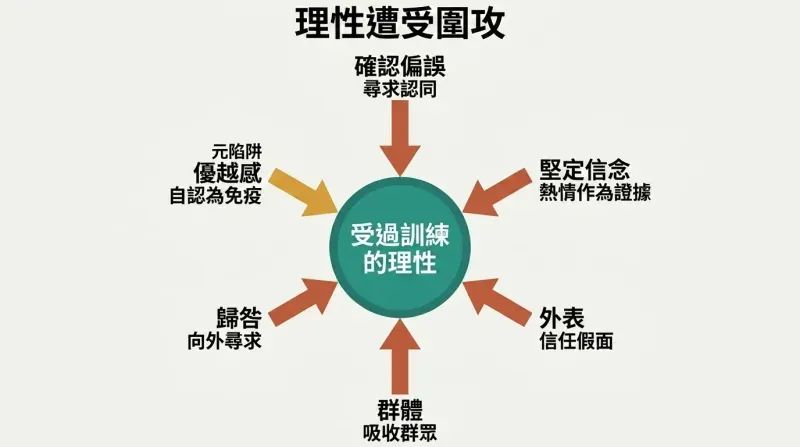 Six named cognitive biases arranged as inward-pointing arrows converging from all directions on a central shield representing trained rationality.