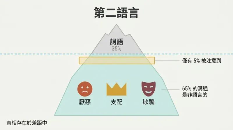 Iceberg diagram showing words above a waterline and a vast nonverbal zone below, with only a thin band representing the five percent most people perceive.