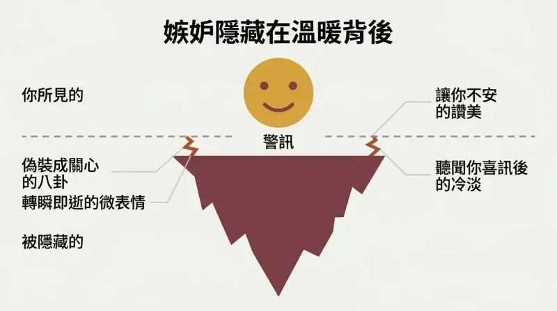 Iceberg diagram showing a small smiling mask above a dividing line with a much larger dark mass of hidden envy below, warning signs marked along the waterline.