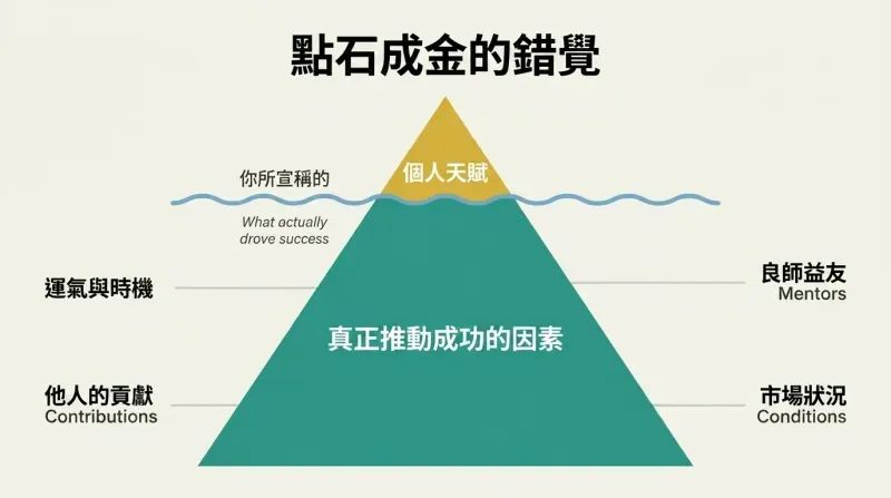 Small golden iceberg tip labeled Personal Genius dwarfed by the vast hidden mass of luck, timing, others' contributions, mentors, and market conditions below the waterline.