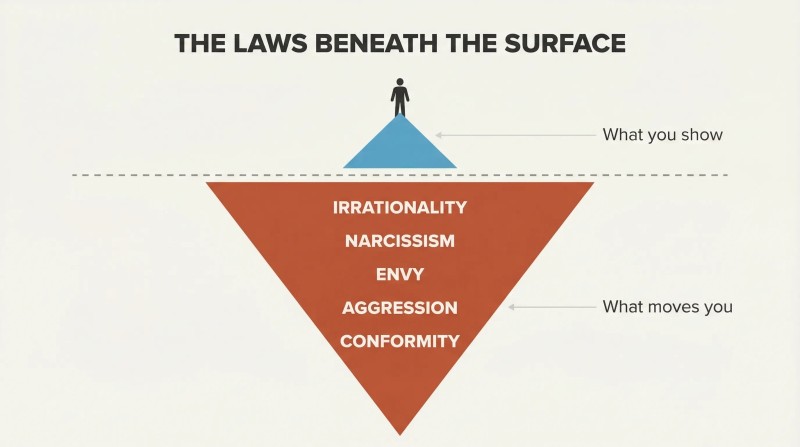 Iceberg with a small calm tip above a waterline and a massive body below labeled with five primitive forces that secretly govern human behavior.