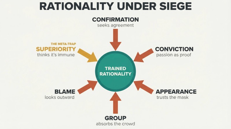 Six named cognitive biases arranged as inward-pointing arrows converging from all directions on a central shield representing trained rationality.