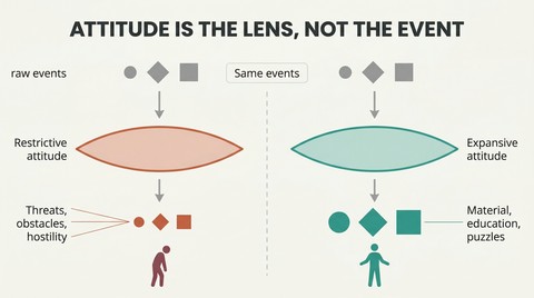 Split panel showing identical neutral events passing through a restrictive red lens producing diminished results versus an expansive teal lens producing enriched results.