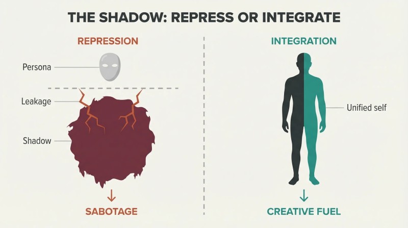 Split comparison of repressed shadow leaking through cracks beneath a polished persona versus a unified two-toned figure representing conscious integration.