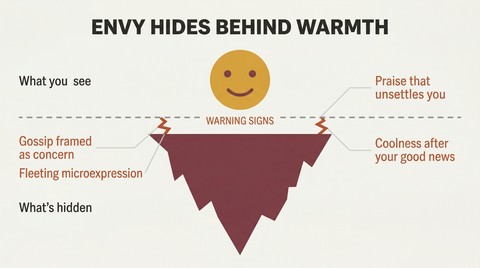 Iceberg diagram showing a small smiling mask above a dividing line with a much larger dark mass of hidden envy below, warning signs marked along the waterline.