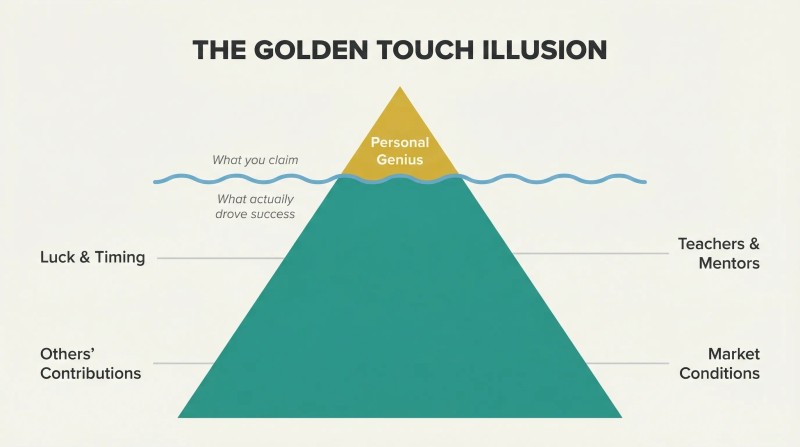 Small golden iceberg tip labeled Personal Genius dwarfed by the vast hidden mass of luck, timing, others' contributions, mentors, and market conditions below the waterline.