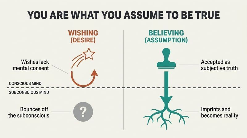 A split-panel diagram showing that wishing remains on the conscious surface, while belief penetrates the subconscious to grow into reality.