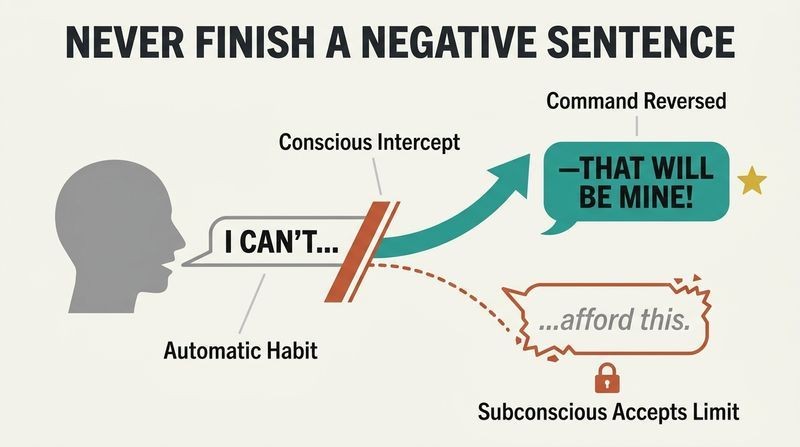 Redirect diagram showing a speech bubble starting with a negative phrase that gets sliced in half, with a bold arrow pivoting upward to a positive affirmation.