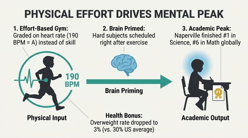 A three-step horizontal pipeline showing how effort-based physical education primes the brain and leads to world-class academic performance.