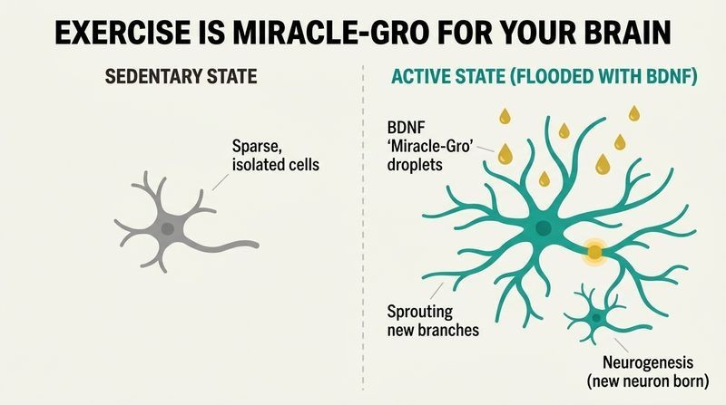 A split-panel diagram comparing a simple, isolated neuron under sedentary conditions with a highly branched, interconnected neuron flooded with golden BDNF droplets under active conditions.