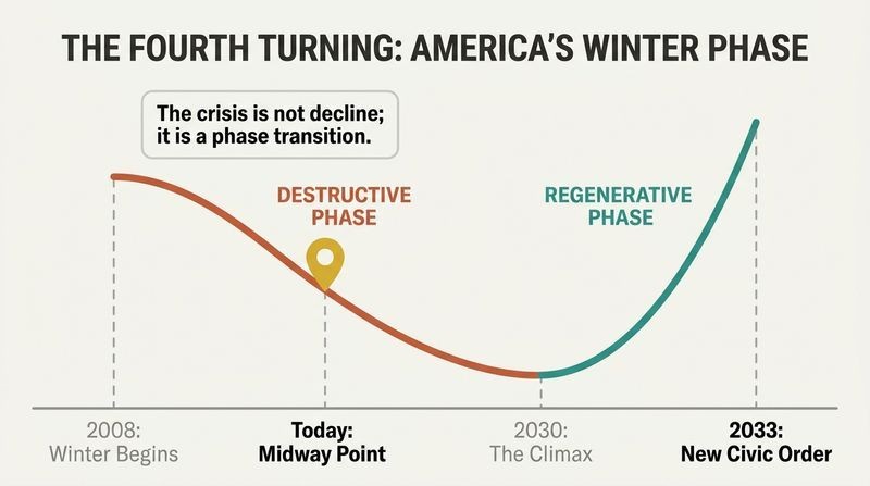 A timeline diagram charting America's winter cycle from the 2008 financial crisis, through today's midpoint, to a projected 2030 climax, before rising to a new civic order in 2033.