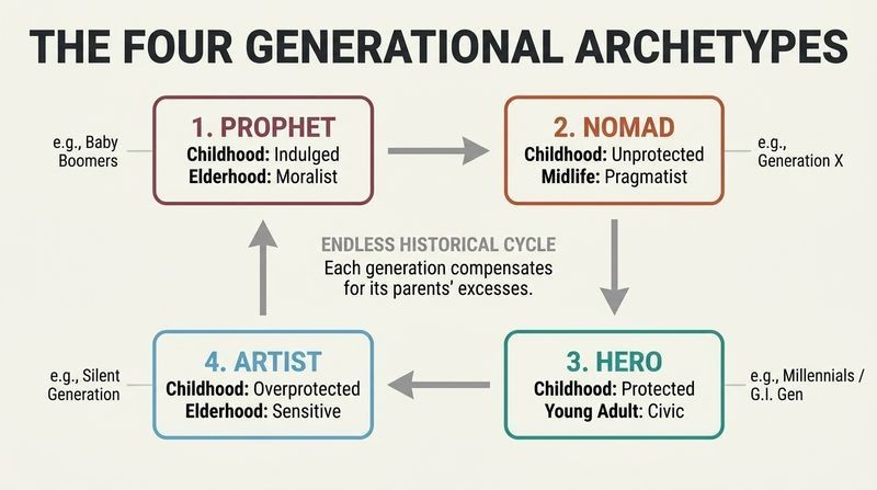 A circular cycle diagram demonstrating how four generational types—Prophet, Nomad, Hero, and Artist—recur in a fixed, endless historical loop.