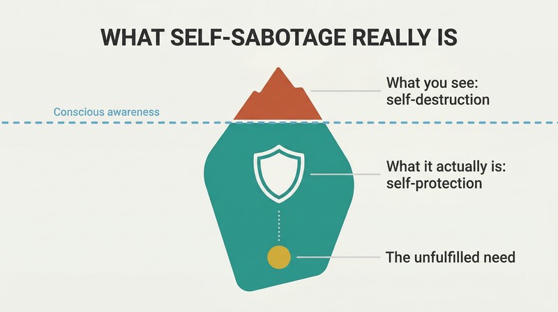 Iceberg diagram showing self-sabotaging behaviors visible above a waterline, with a protective shield and an unfulfilled need hidden below the surface.