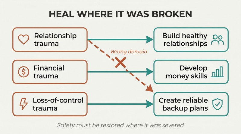 Matching diagram connecting three trauma types to their domain-specific remedies, with a crossed-out diagonal showing that cross-domain fixes fail.