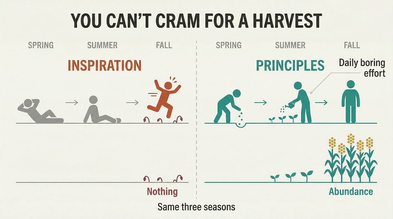 Split panel comparing two farming timelines across three seasons — neglect yields an empty field while steady daily effort yields an abundant harvest.