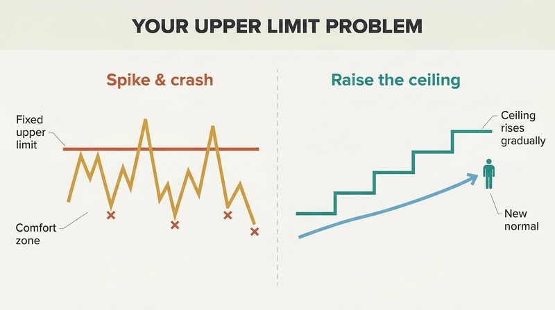 Split panel comparing a spike-and-crash pattern hitting a fixed happiness ceiling on the left with a gradually rising staircase of ceilings on the right.
