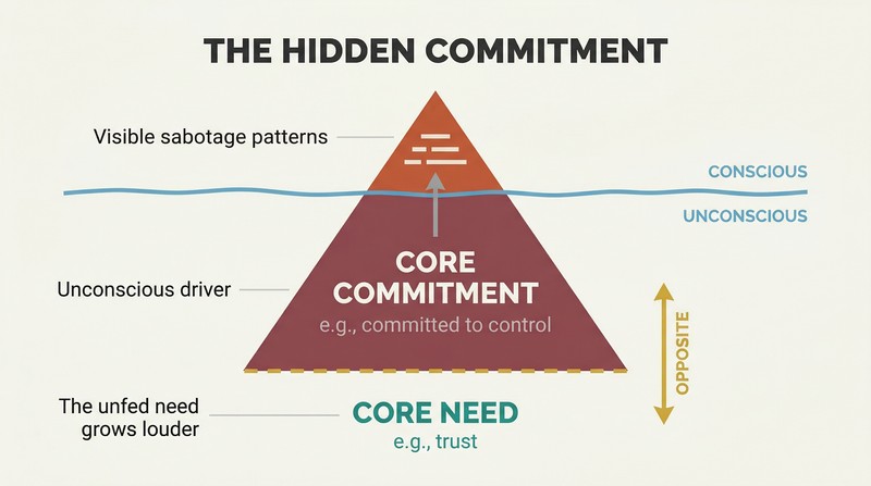 Iceberg diagram showing visible self-sabotage above water driven by a large hidden core commitment below, with the opposing core need at the base.