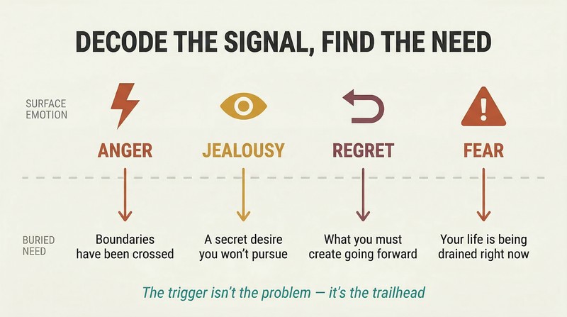 Four emotions above a waterline each connect by downward arrows to their decoded buried needs below, showing anger maps to boundaries, jealousy to desire, regret to direction, and fear to present drain.