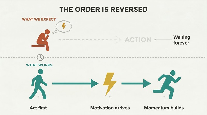 Split comparison showing the expected order where waiting for motivation leads nowhere versus the actual order where action taken first generates motivation.