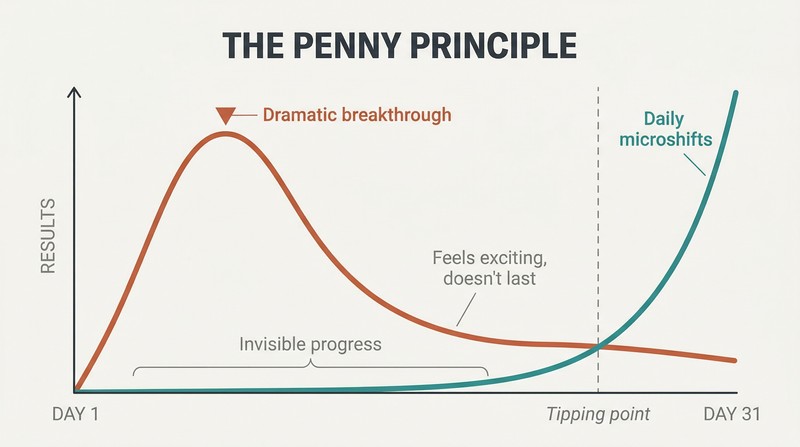 Two growth curves compared over time: a dramatic spike that crashes versus a slow exponential curve from microshifts that eventually soars far higher.