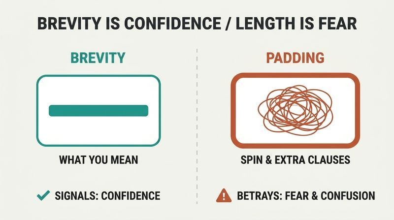 Split-panel diagram contrasting a short, clean teal message signaling confidence with a long, chaotic terracotta message signaling fear and confusion.